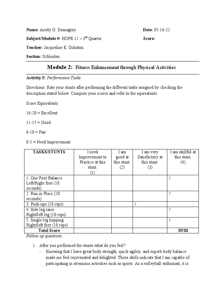 Aisely G. Domagtoy HOPE 11 Module 2 Quarter 3 | PDF | Physical Fitness ...