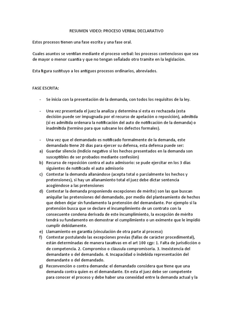 Resumen Procesos Declarativos | PDF | Demanda judicial | Separación de