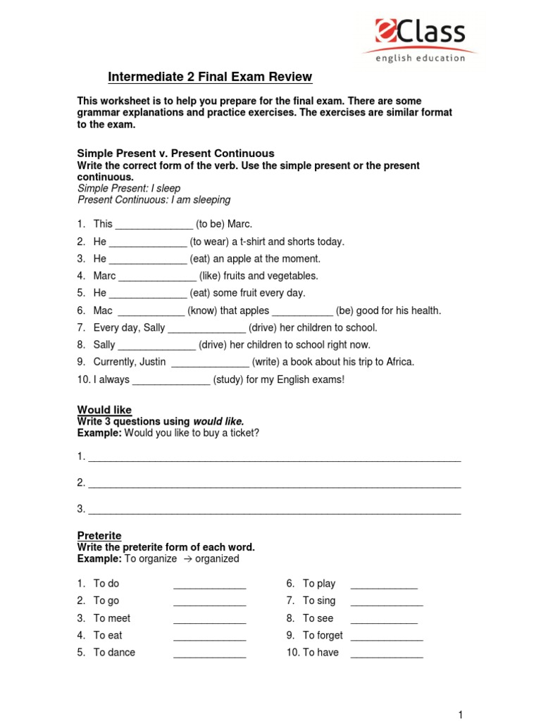 Intermediate 2 Final Exam Review Guide | PDF | Verb | Linguistic Typology