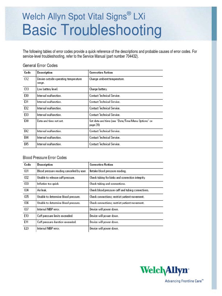 Welch Allyn Vital Signs Error Codes Guide | PDF | Finance & Money ...
