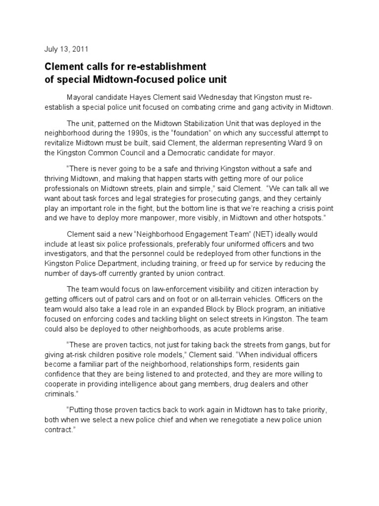 Hayes Clement On Midtown Police Presence PDF Gang Police