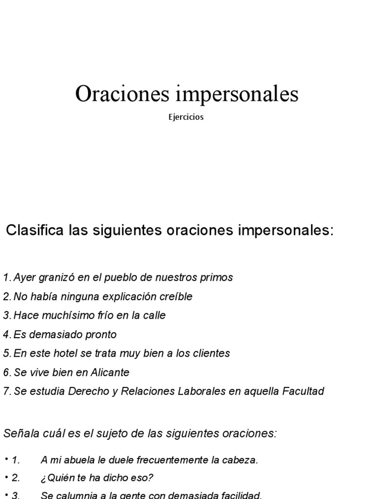 Ejercicios de Oraciones Impersonales y Sujeto | PDF | Cocina, comidas y ...