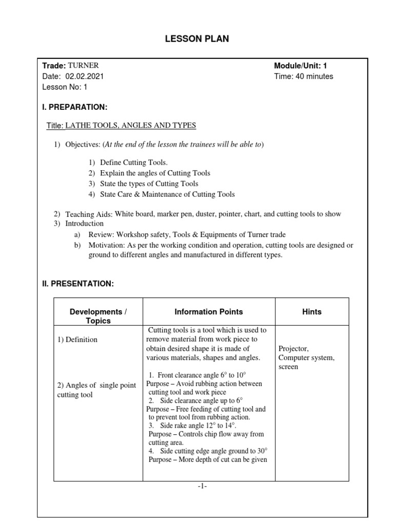 Turner Trade Lesson Plan on Cutting Tools | PDF | Secondary Sector Of ...