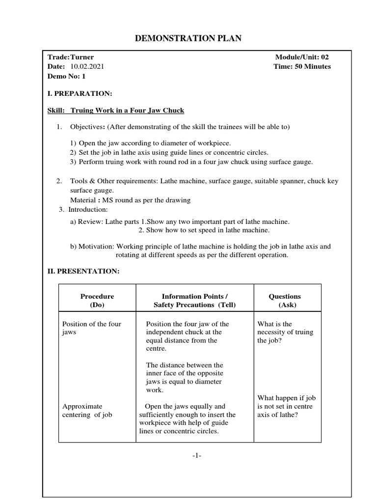 Turner Demo Plan 1 Turning Workina 4 Jaw Chuck | PDF | Crafts ...