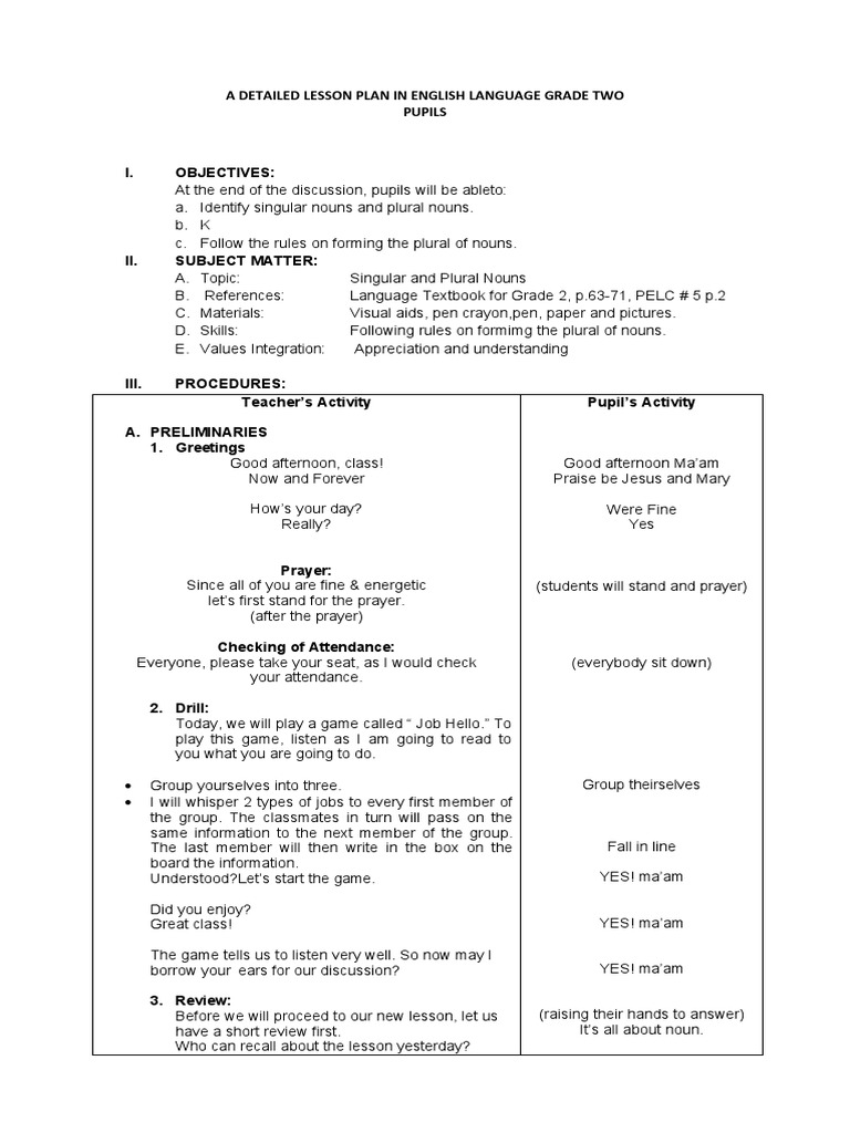 A Detailed Lesson Plan in English Language | PDF | Plural | Grammatical ...