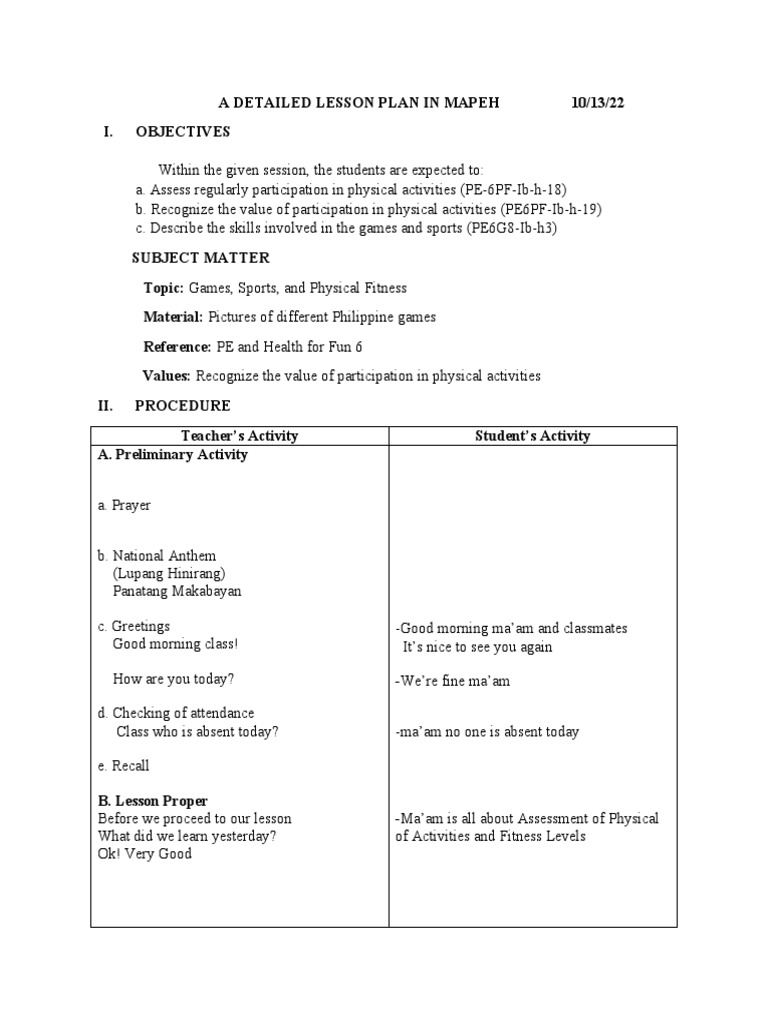 A Detailed Lesson Plan in Mapeh 4 | PDF | Lesson Plan | Physical Education