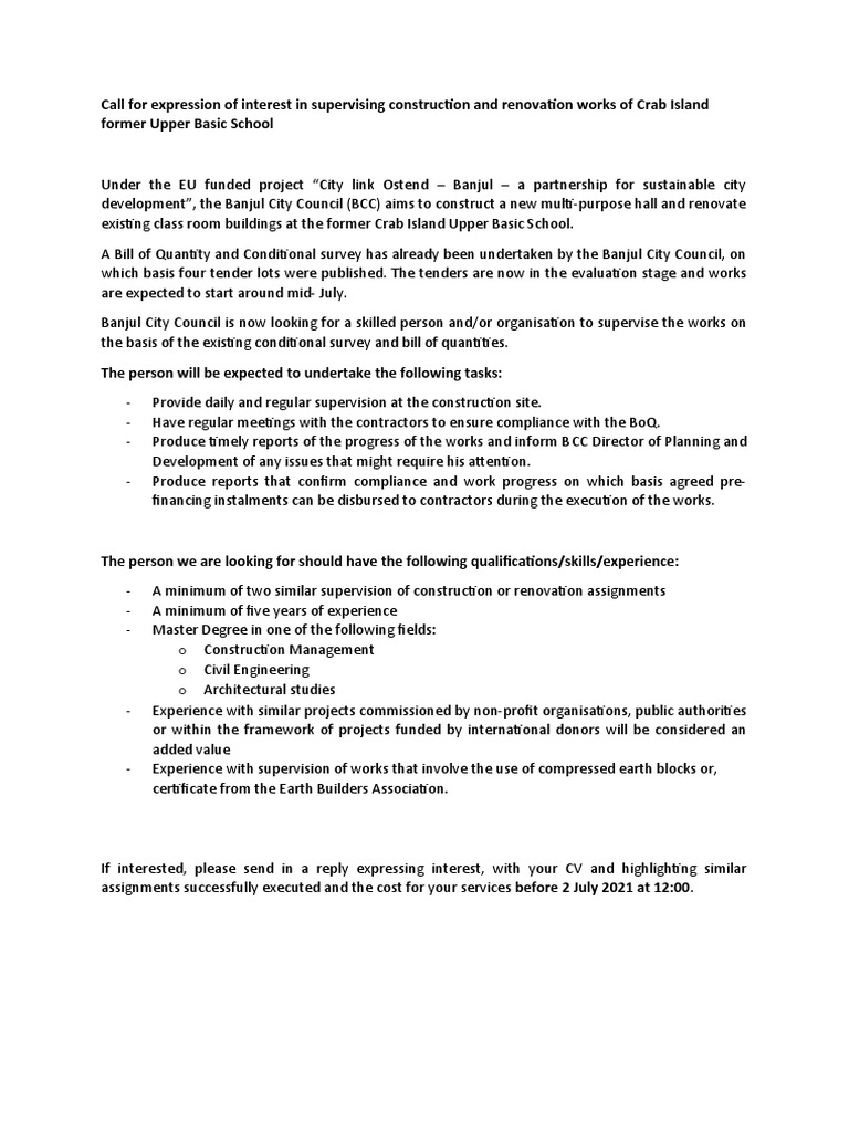 Call For Expression of Interest in Crab Island Supervision | PDF