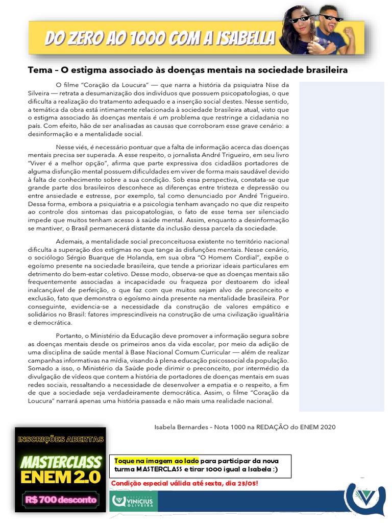 Redacao Nota 1000 Da Isabela Bernardes | PDF | Distúrbio mental | Saúde ...