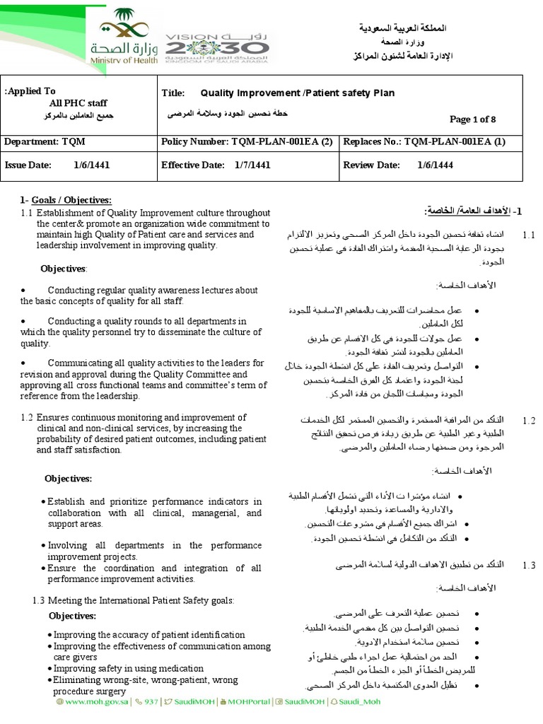 01 Quality Improvement Patient Safety Plan 1441 | PDF