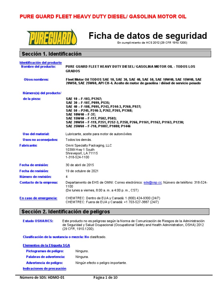 Aceite Pure Guard: Ficha de Seguridad | PDF | Residuos | Reciclaje