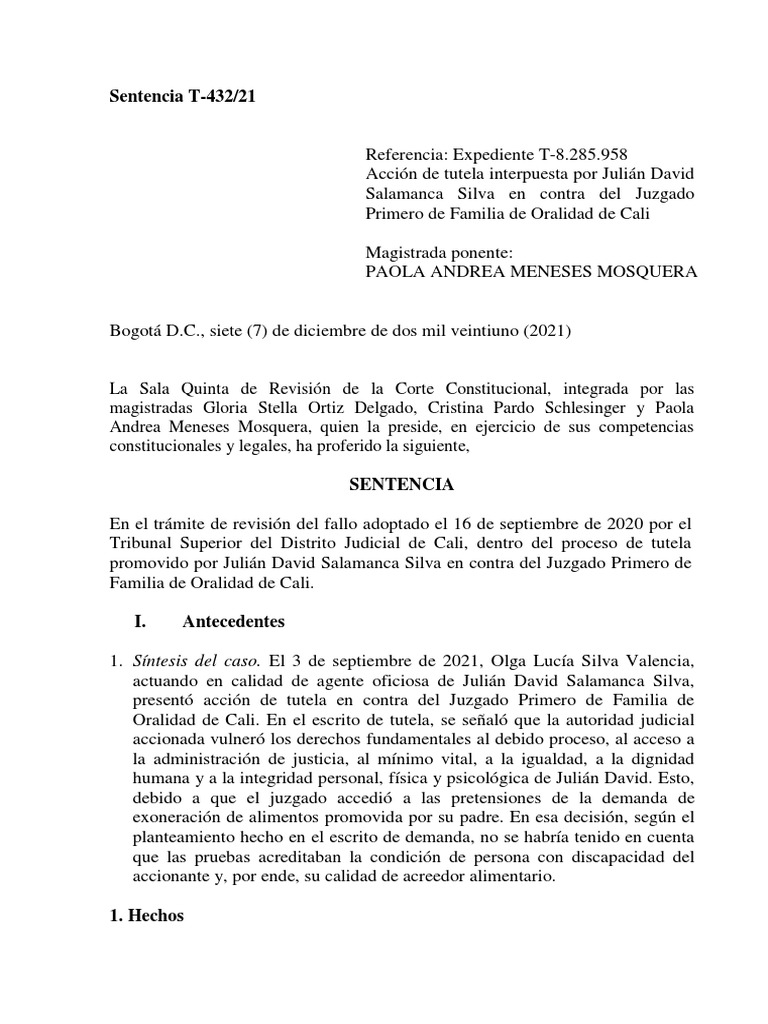 Sentencia T-432/21 sobre tutela alimentaria | PDF | Caso de ley ...