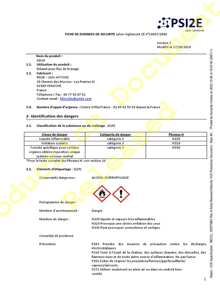 Fiche de sécurité GD10 - Diluant inflammable | PDF | Lutte contre l ...