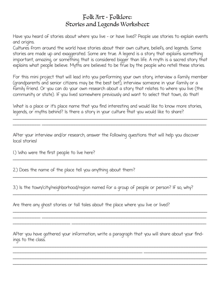 Folk Art Folklore Stories and Legends Worksheet PDF Legends Folklore