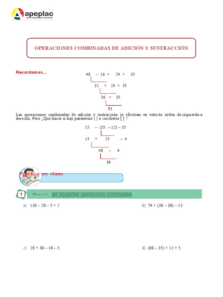 Operaciones Combinadas de Suma y Resta para Segundo Grado de Primaria | PDF