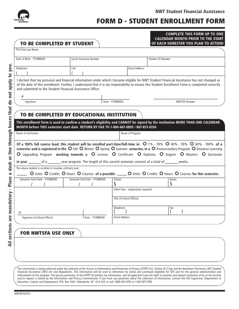 NWT Student Enrollment Form D | PDF | Students | Academic Term