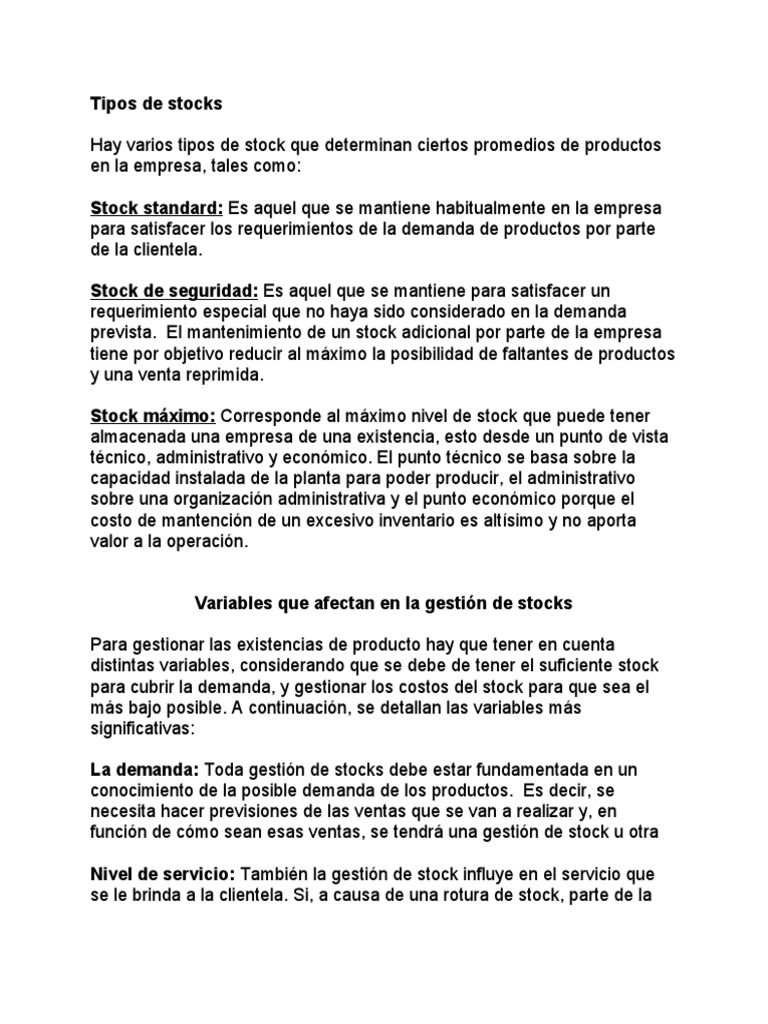 Tipos de Stocks PDF Inventario Economias