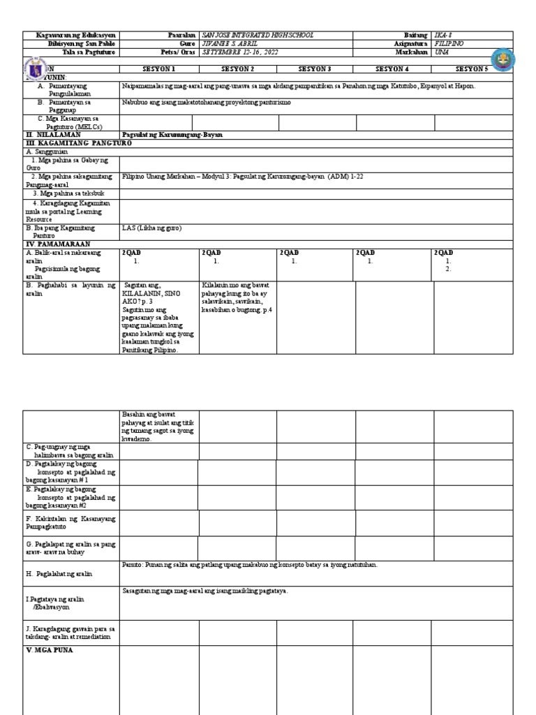 Filipino 8 Dll Filipino 8 Quarter 1 Week 3 Pdf