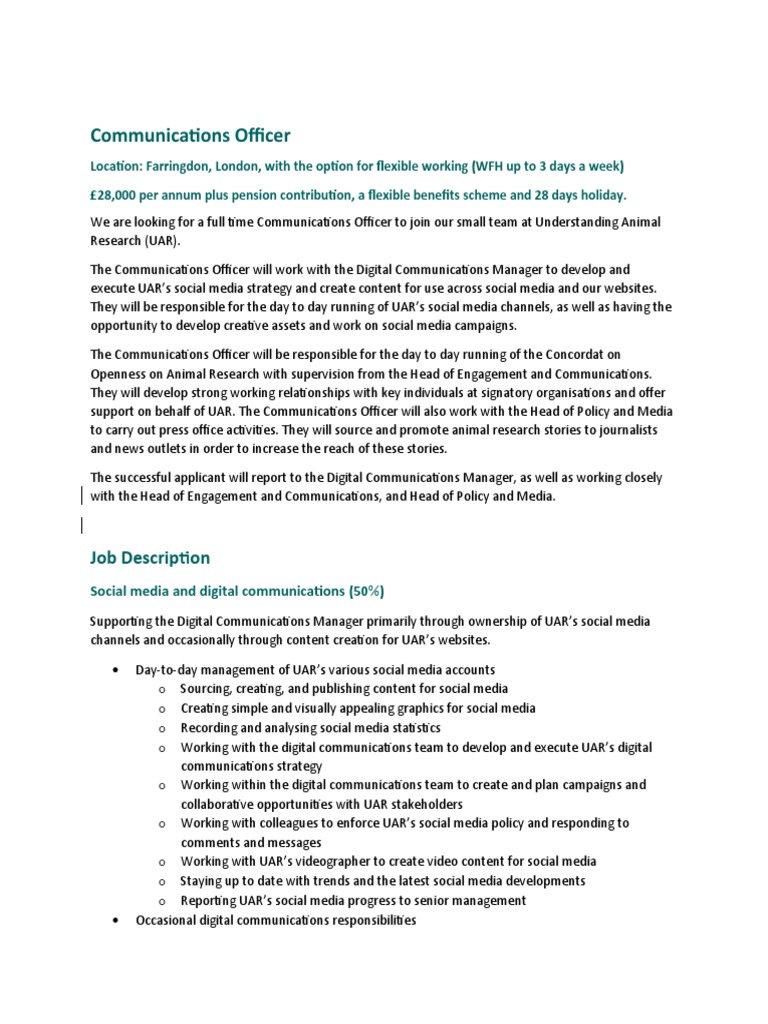 Communications Officer Job Description 09.22Mwj PDF Social Media