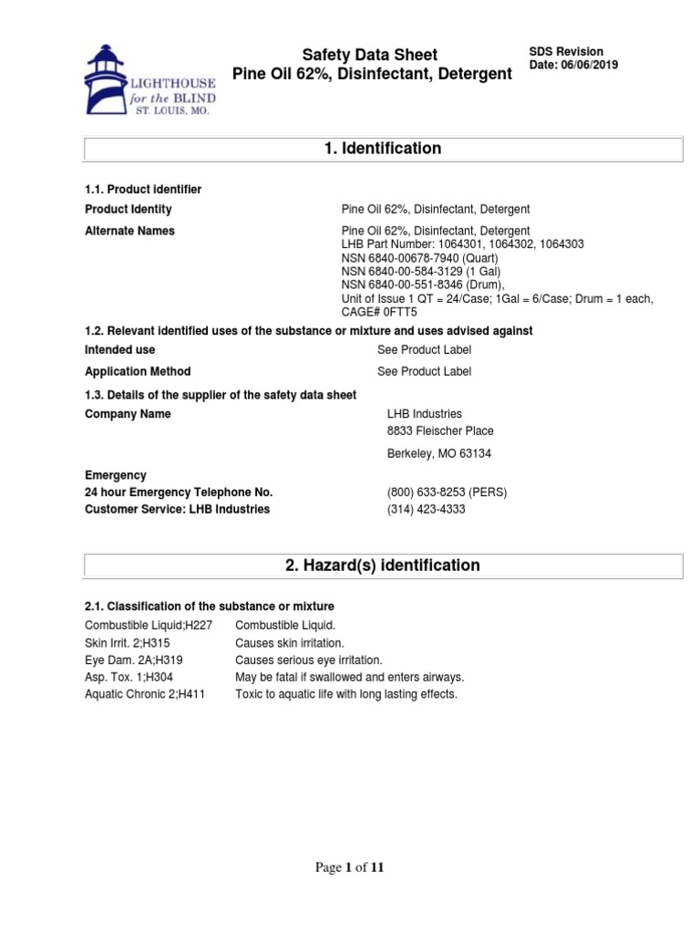 Safety Data Sheet Pine Oil 62, Disinfectant, Detergent Page 1 of 11