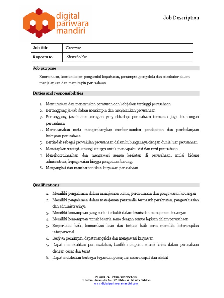 Contoh Job Desc Direktur Pdf