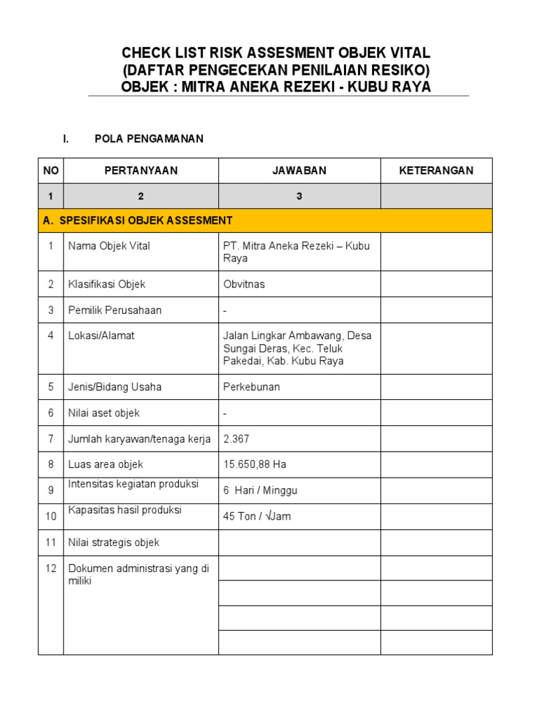 Checklist Penilaian Risiko Objek Vital | PDF