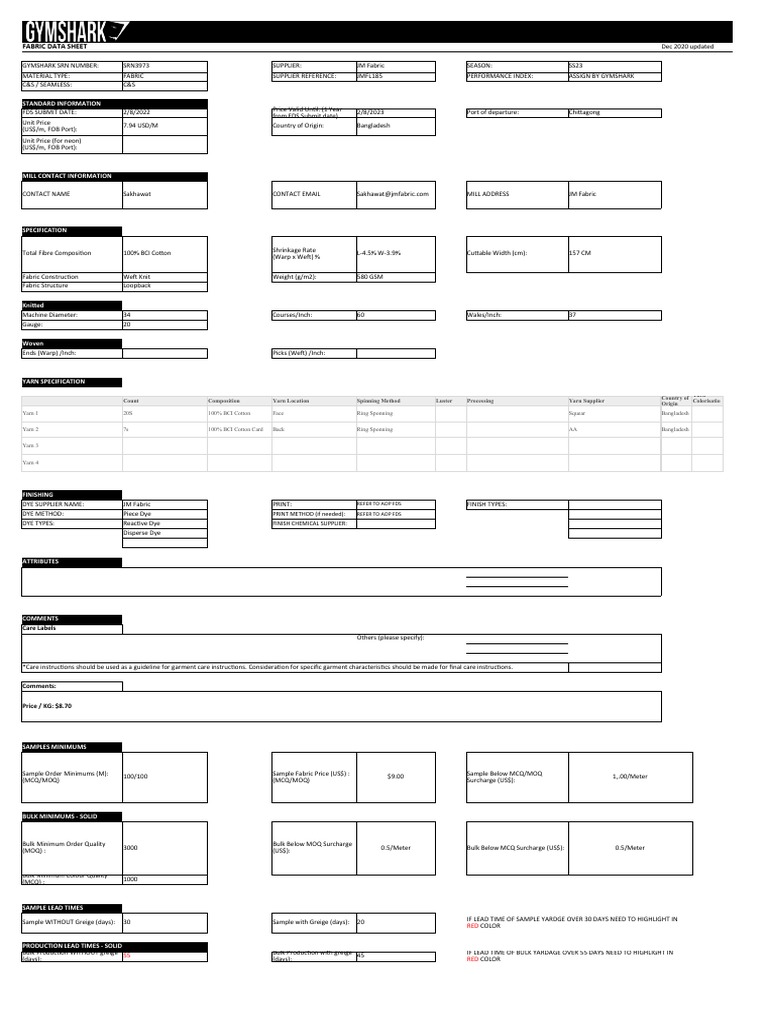 Fabric Data Sheet for Gymsark SS23 | PDF | Yarn | Textile Manufacturing