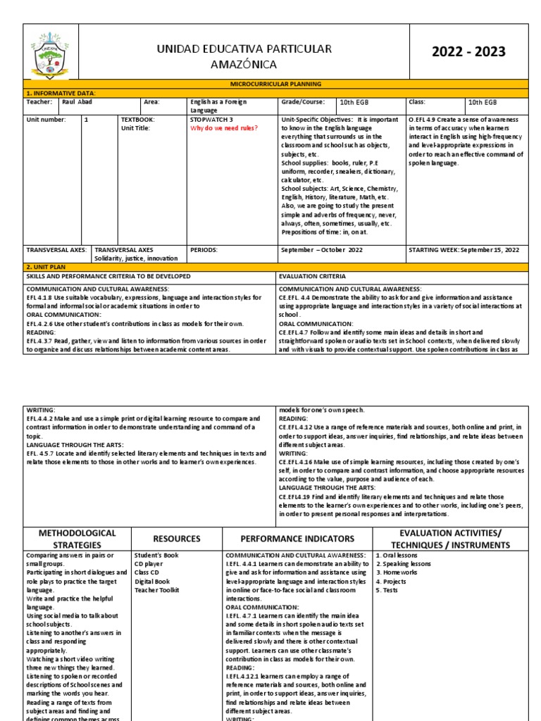 Planning Unit 7 10TH Grade PDF English As A Second Or Foreign Language Learning