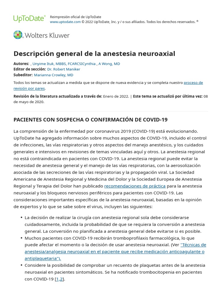 Overview of Neuraxial Anesthesia UpToDate PDF Medicina Ciencias