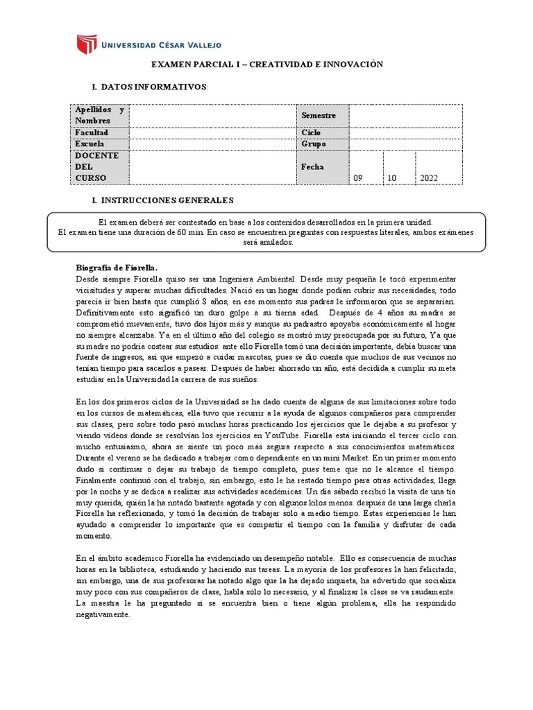 Examen Parcial: Creatividad e Innovación UCV | PDF | Prueba (evaluación)