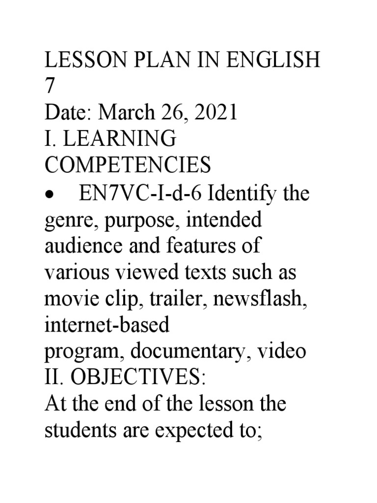 English 7 Lesson Plan: Viewing Genres | PDF | Lesson Plan | Teachers