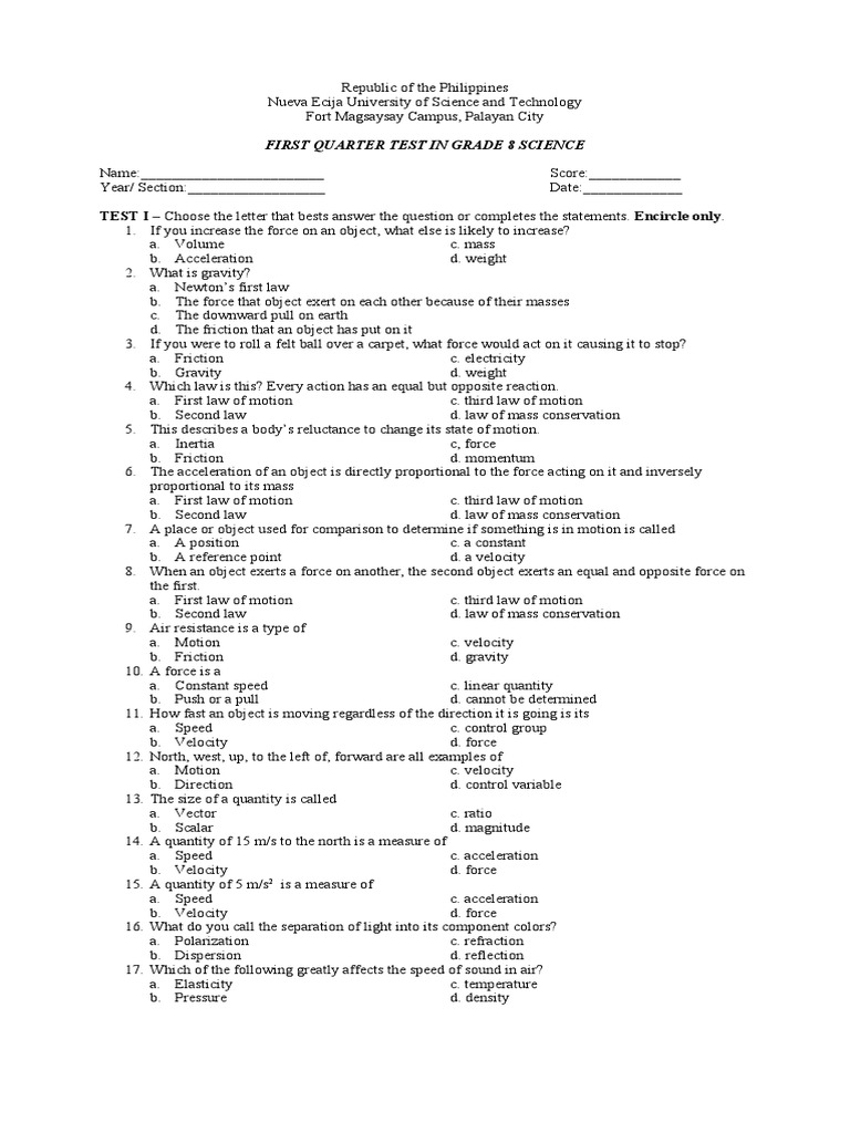 Grade 8 Science First Quarter Test | PDF | Force | Newton's Laws Of Motion