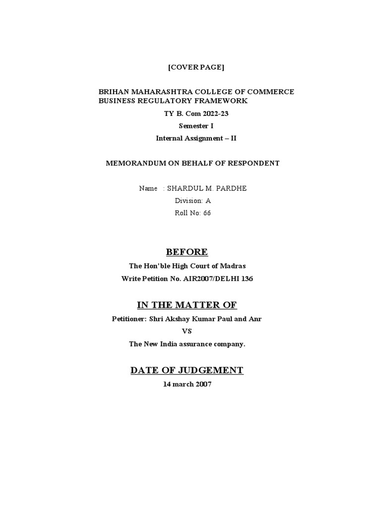 Business Regulatory Framework Internal Assignment II PDF Judgment