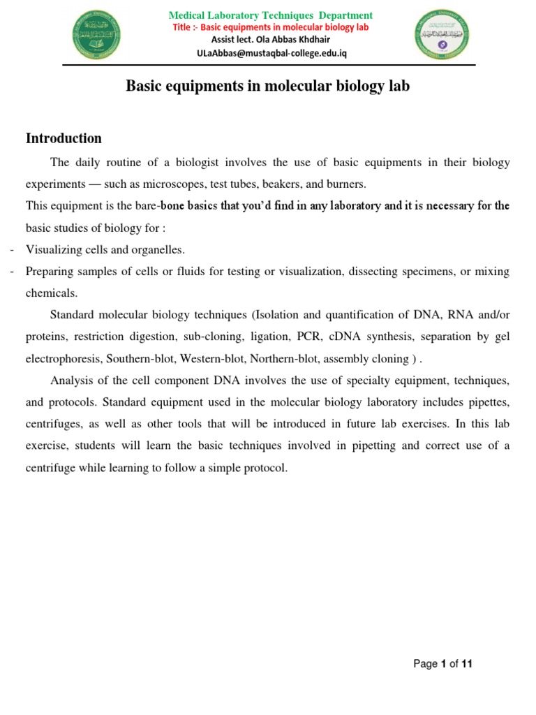 Equipments in Molecular Biology Lab PDF Gel Electrophoresis