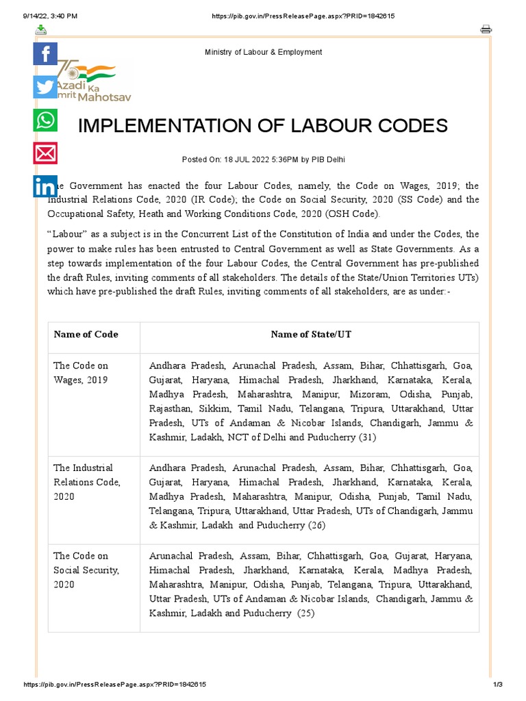 Implementation of Labour Codes Press Release PDF Employment Labor