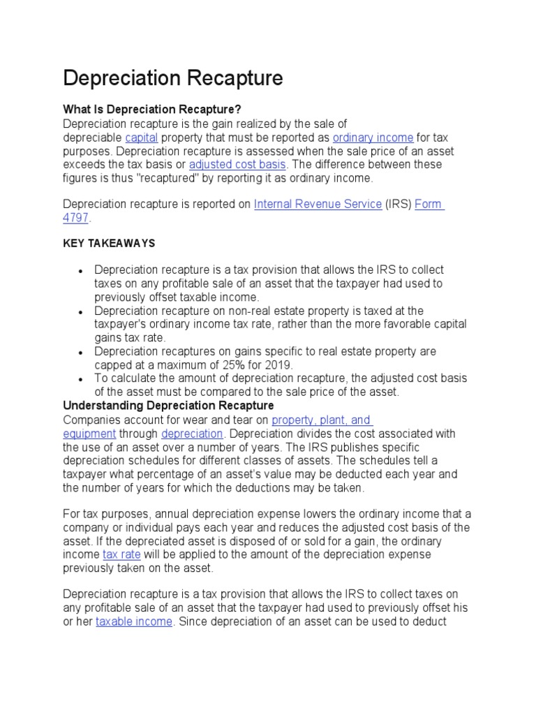 Depreciation Recapture PDF Depreciation Cost Basis