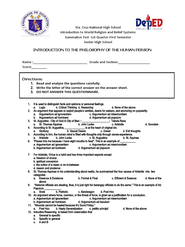 Grade 12 Philosophy Summative Test Key | PDF | Phenomenology ...
