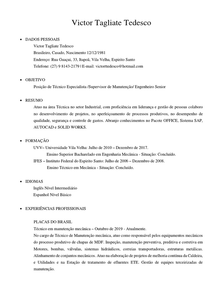 Victor Tedesco: Engenheiro Mecânico | PDF | Engenharia Mecânica ...