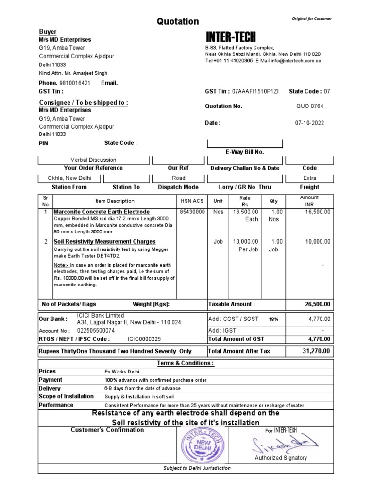 Quotation for Supply and Installation of Marconite Concrete Earth