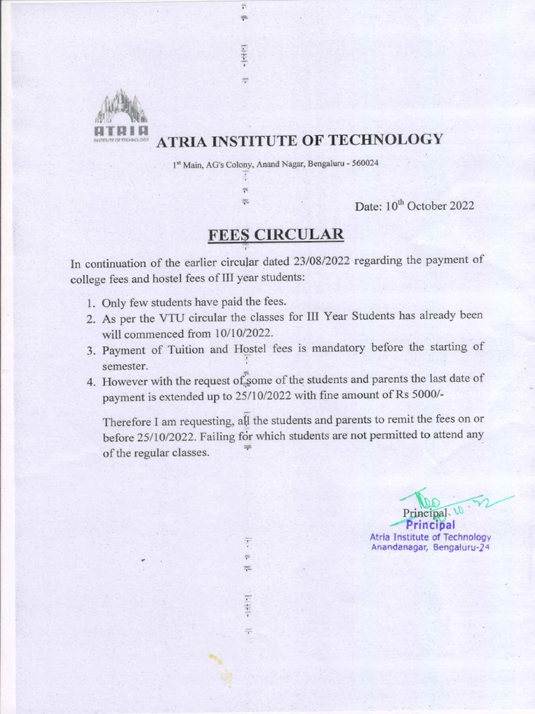 Fees Circular For 3rd Year PDF