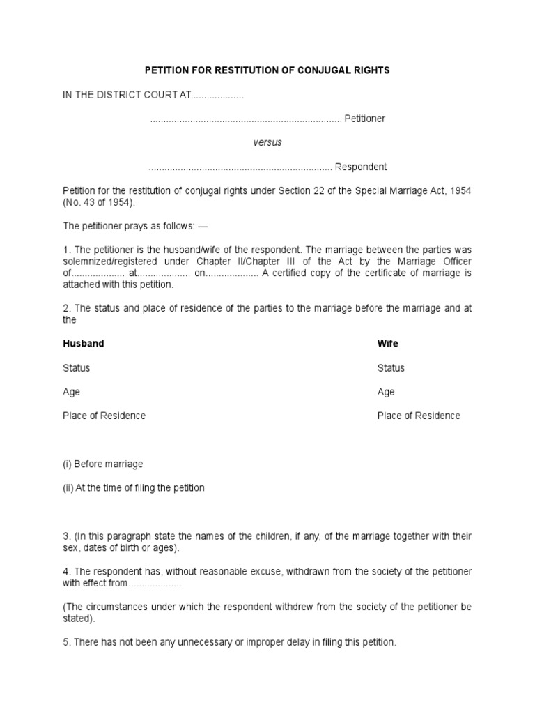 Petition for Restitution of Conjugal Rights | PDF | Marriage | Common Law