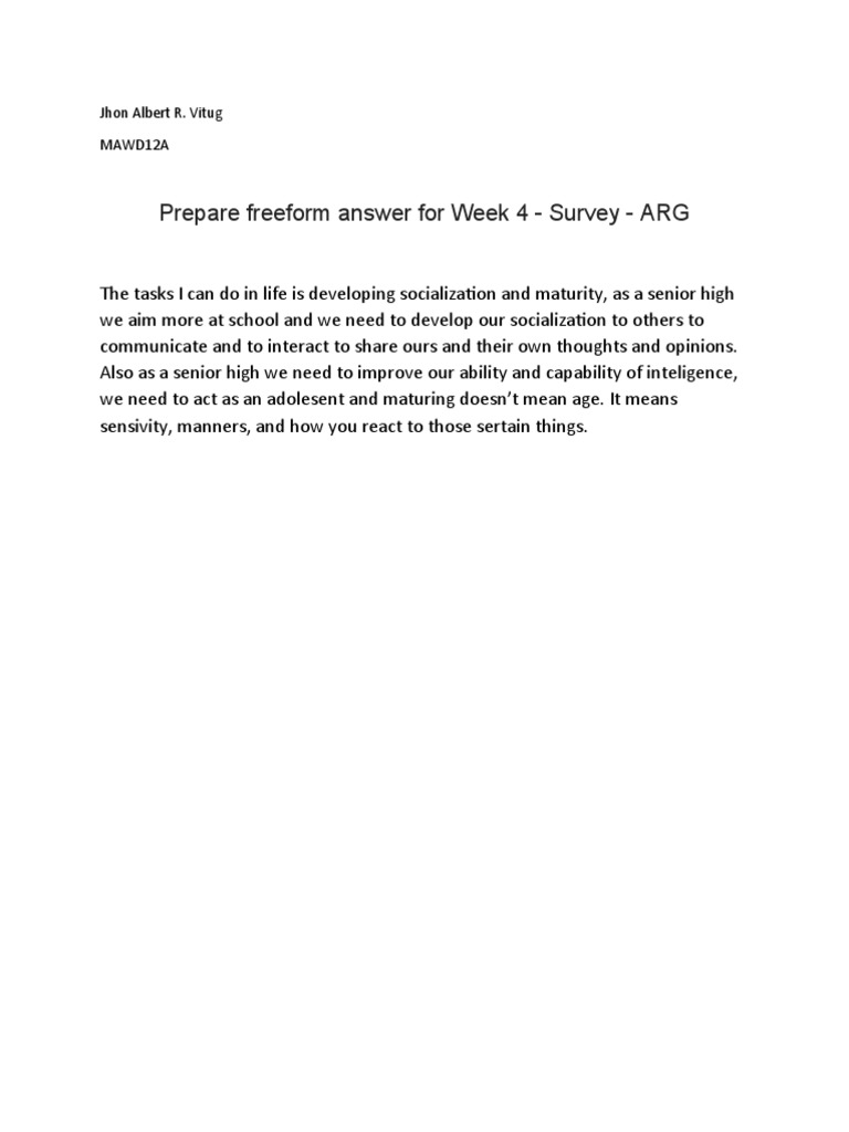 Prepare Freeform Answer For Week 4 - Survey - ARG - Vitug | PDF