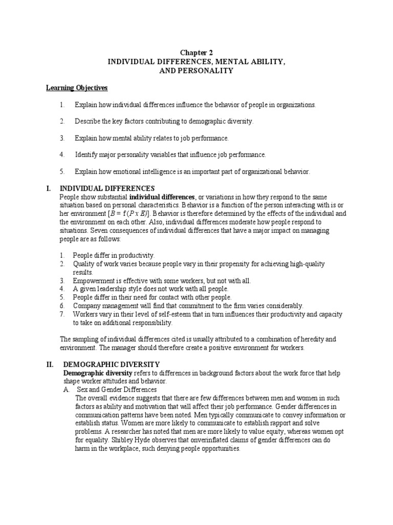 Chapter 2 Individual Level Individual Differences Demographic Diversity ...