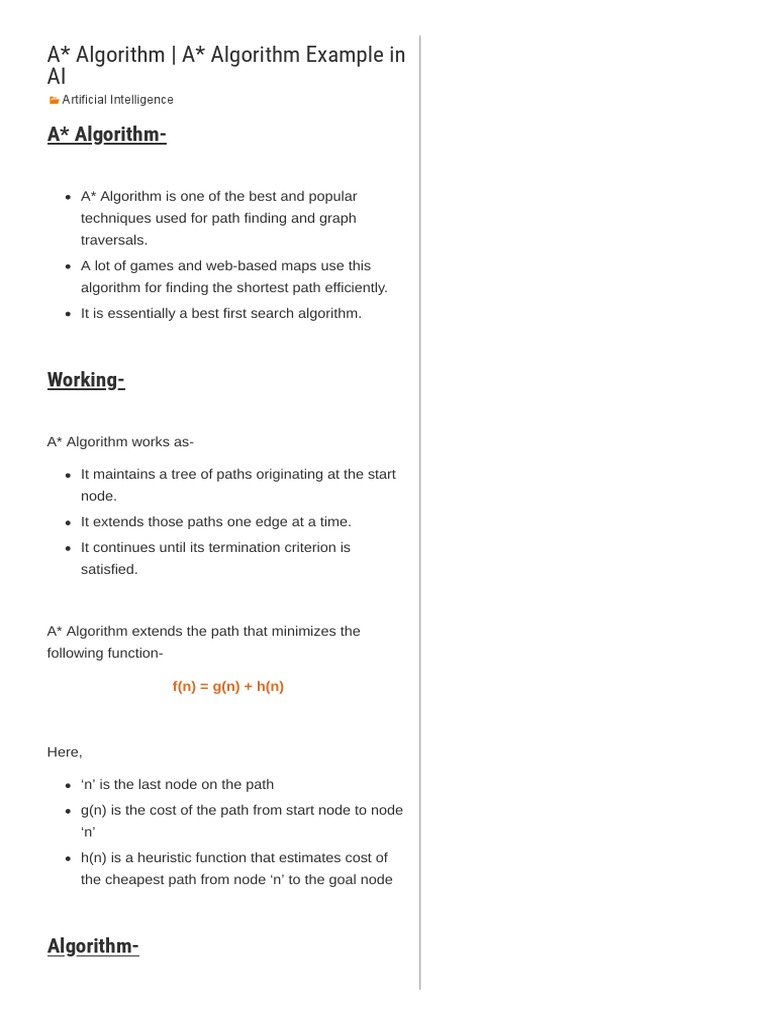 A - Algorithm - A - Algorithm Example in AI - Gate Vidyalay | PDF