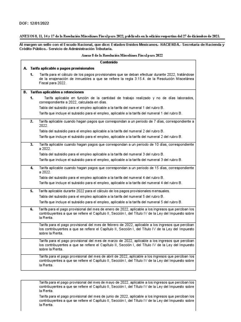 DOF Tablas ISR 2022 Diario Oficial de La Federación (1) PDF