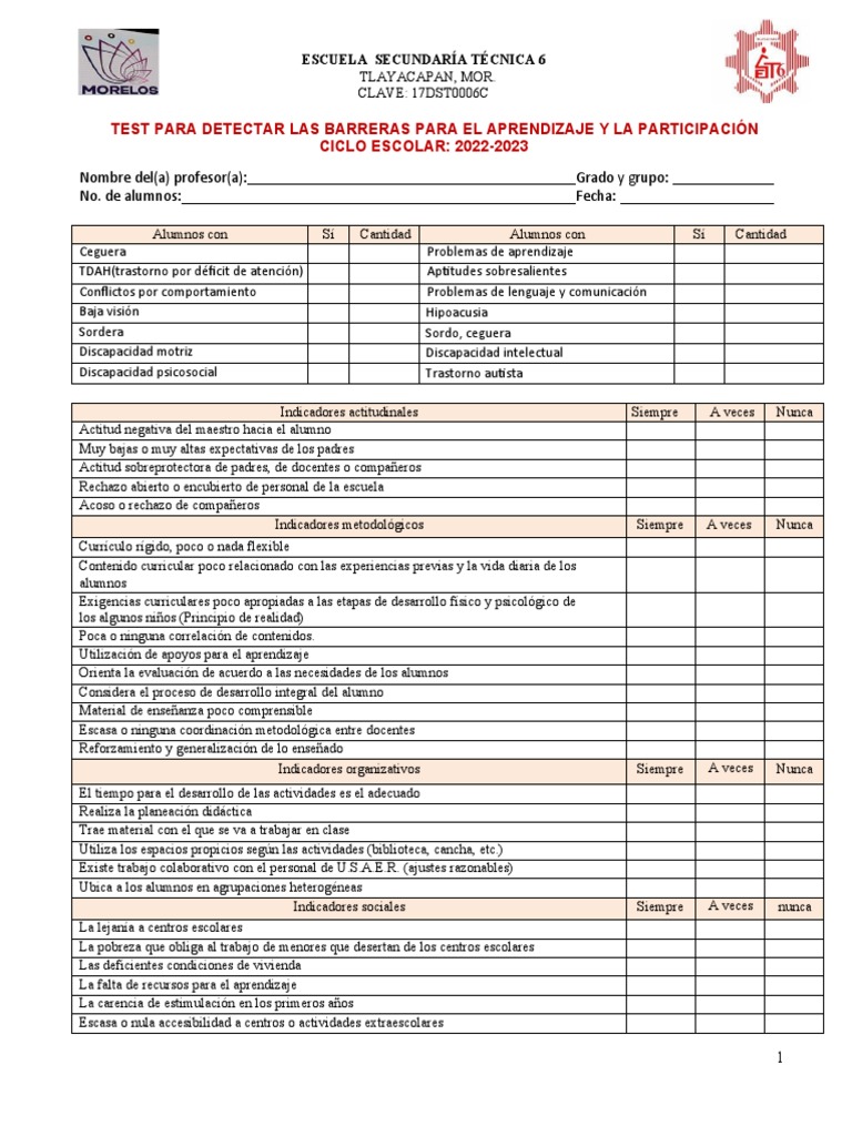 Test de Barreras para Aprendizaje 2023 | PDF | Método de enseñanza ...