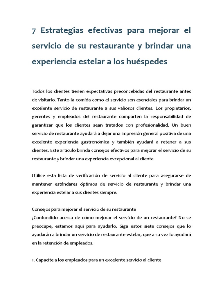 7 Estrategias Efectivas para Mejorar El Servicio de Su Restaurante y ...
