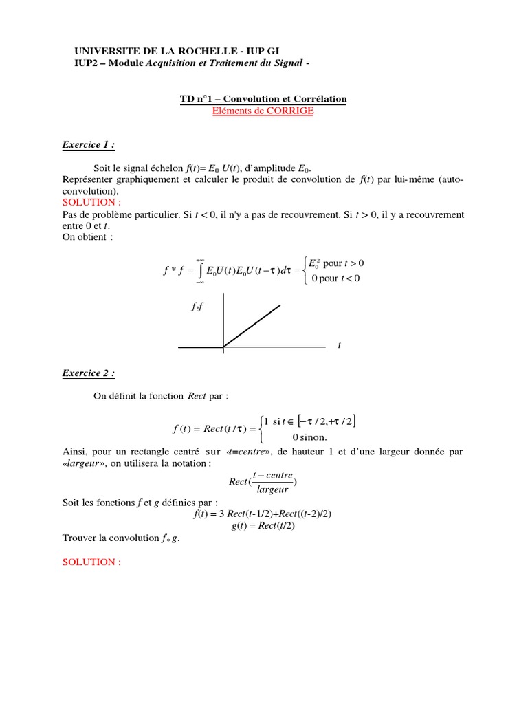 Corrigé TD Convolution et Corrélation | PDF | Intégral | Objets ...
