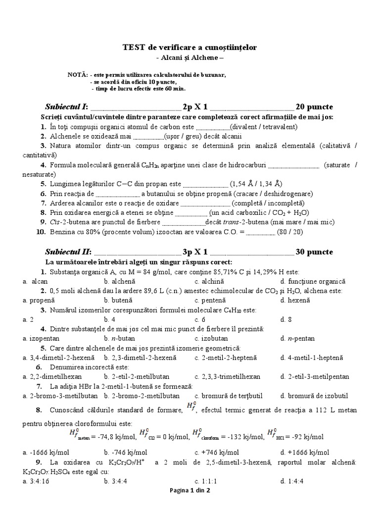 Test Verificare Alcani Si Alchene | PDF