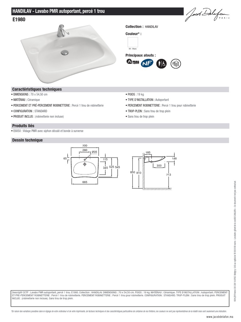 Lavabo Handylav 70 CM Blanc PMR E1980 00 Jacob Delafon PDF