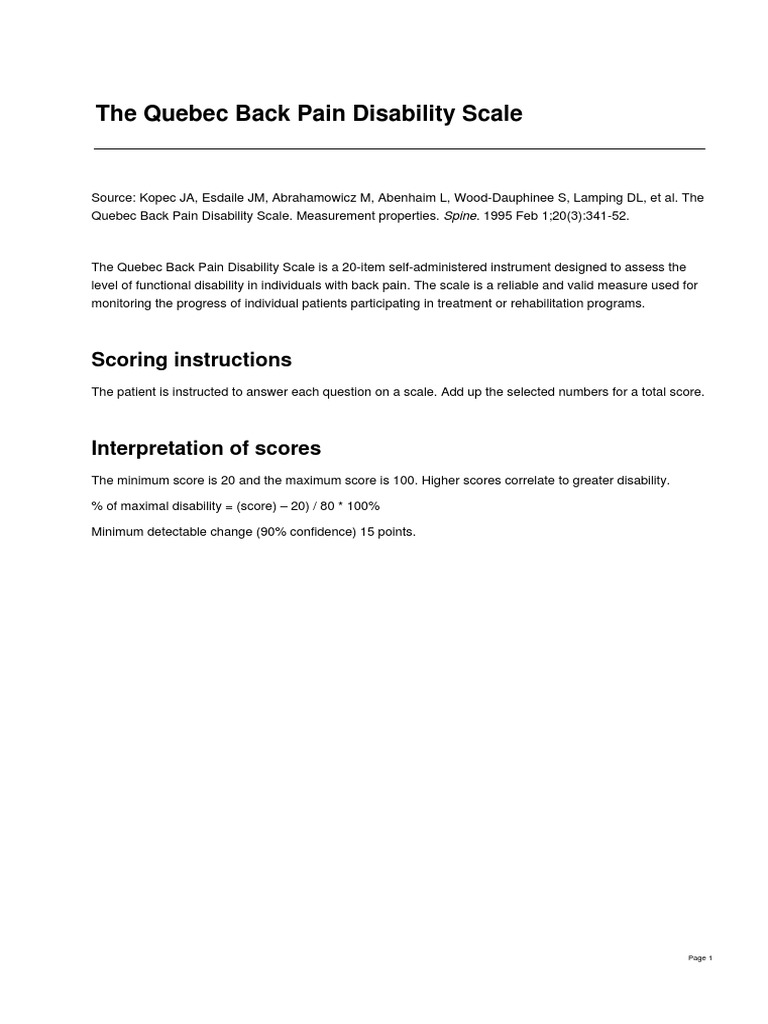 The Quebec Back Pain Disability Scale PDF Back Pain Disability